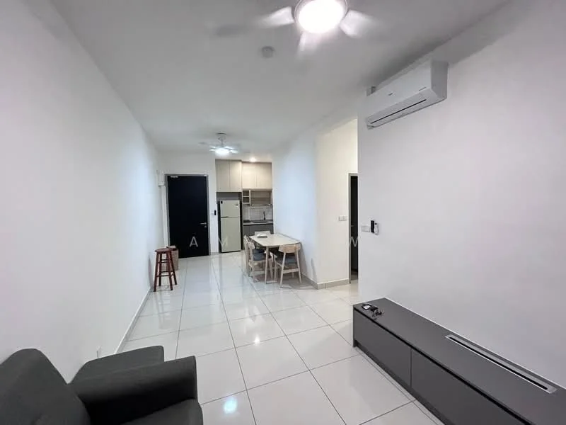 Living features: white painted walls, glossy tile flooring, 5-blade ceiling fan with light, wall-mounted air conditioning unit, sofa in grey fabric, TV console in grey, dining table with four chairs, kitchen area visible in background, refrigerator visible in kitchen, open layout; style: modern.