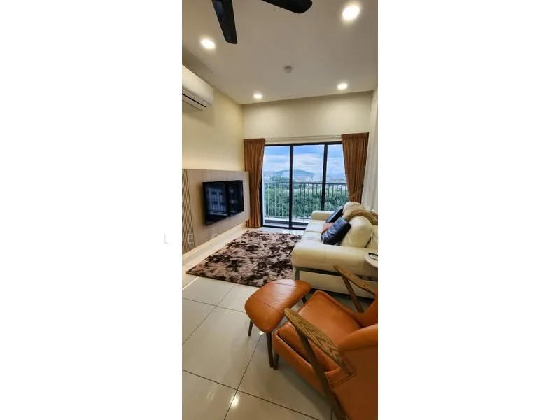Living features: floor-to-ceiling windows, sliding glass door, cream painted walls, white ceiling, recessed downlights, 5-blade ceiling fan, TV mounted on wall, area rug with abstract pattern, sofa in cream color, armchair in orange leather, coffee table, decorative throw pillows; style: modern; view: mountain.