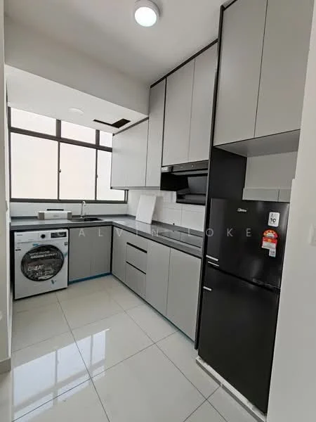 Kitchen features: grey cabinetry, white countertop, stainless-steel sink, chrome pull-down faucet, built-in oven, freestanding range oven, stainless-steel fridge, front-load washing machine, ceramic tile flooring, recessed downlights, floor-to-ceiling windows; style: modern.