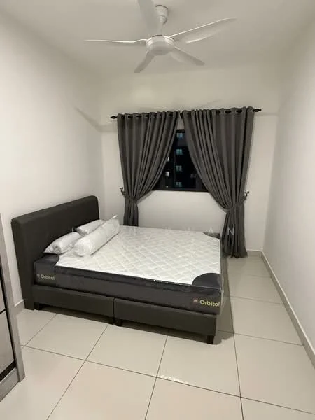 Bedroom features: queen-size bed, upholstered headboard, white bedding, grey curtains, floor-to-ceiling window, ceiling fan, white painted walls, tile flooring; style: modern.