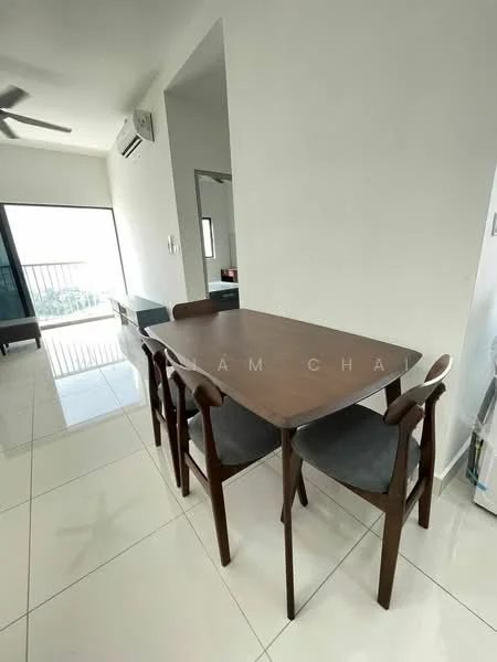 Dining features: wood dining table, 4 wooden dining chairs, grey upholstered seat cushions, white walls, glossy white tile flooring, 1 wall-mounted split AC, floor-to-ceiling windows, natural light from window; style: modern; view: city.
