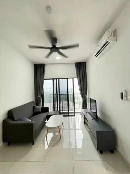 Living features: 3-seater fabric sofa in dark grey, coffee table with wooden legs, TV console in black, wall-mounted TV, floor-to-ceiling windows, sliding glass door, sheer curtains, 5-blade ceiling fan with light, recessed downlights, white painted walls, glossy tile flooring, air conditioning unit; style: modern; view: city.