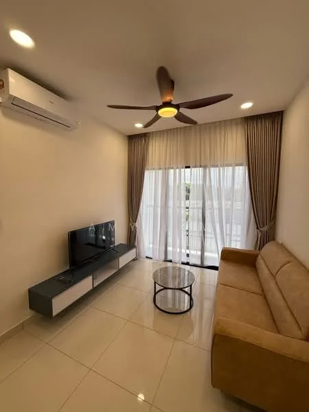 Living features: cream painted walls, glossy tile flooring, 5-blade ceiling fan with light, sofa in beige, coffee table with glass top, wall-mounted TV, TV console in white and grey, floor-to-ceiling windows with sheer curtains; style: modern.