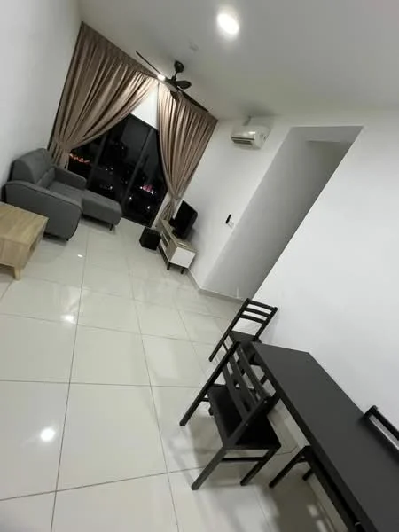 Living features: grey fabric sofa, 2-seater sofa, coffee table, black dining table, 4 black dining chairs, floor-to-ceiling windows, curtains, wall-mounted TV, 1 wall-mounted split AC, glossy white tile flooring, recessed downlights, ceiling fan; style: modern; view: city.