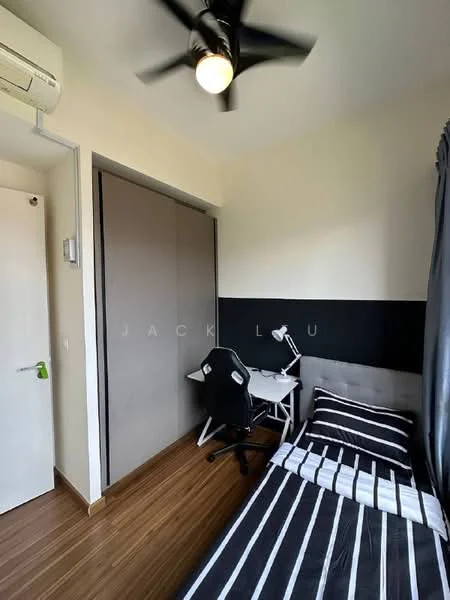 Bedroom features: single bed with grey upholstered headboard, black and white striped bedding, study desk with white surface, black office chair, built-in wardrobe with sliding doors, wooden flooring, wall-mounted air conditioning unit, ceiling fan with light, black accent wall, curtains in grey; style: modern.