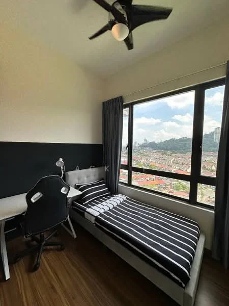 Bedroom features: single bed with grey upholstered frame, black and white striped bedding, study desk with chair, floor-to-ceiling window, city view, black curtains, wooden flooring, ceiling fan with light; style: modern; view: city.