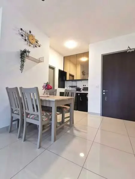 Dining features: 4-seater dining table, grey wooden dining chairs, ceramic tile flooring, white painted walls, recessed ceiling lights, wall-mounted decorative shelf, decorative wall art, potted plant on shelf, open kitchen view, black kitchen cabinetry, stainless-steel appliances; style: modern; view: kitchen.