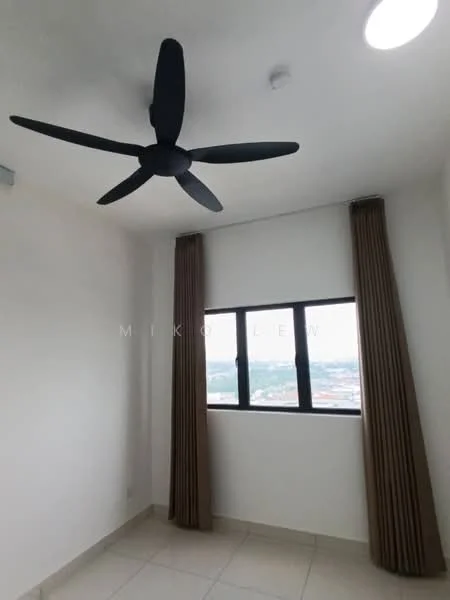 Room features: 5-blade ceiling fan in black, floor-to-ceiling window, brown curtains, white painted walls, tile flooring, recessed ceiling light; view: city.
