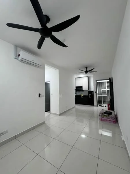 Room features: white painted walls, glossy ceramic tile flooring, 2 ceiling fans, 1 wall-mounted split AC, open layout, recessed lighting, black cabinetry in background, light-colored furniture, doorway leading to another room; style: modern.