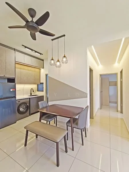 Kitchen features: black cabinetry, white countertop, single-bowl stainless-steel sink, chrome pull-down faucet, built-in washing machine, recessed LED downlights, 5-blade ceiling fan, 3 pendant lights, ceramic tile flooring, open layout with dining area, dining table with 4 chairs; style: modern. Hallway features: white painted walls, ceramic tile flooring, recessed LED lighting; style: modern.