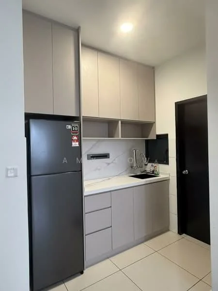 Kitchen features: grey cabinetry, white countertop, stainless-steel fridge, built-in sink, black faucet, white tiled backsplash, under-cabinet lighting, wall-mounted cabinet, floor tiles, black window frame, dark door; style: modern.
