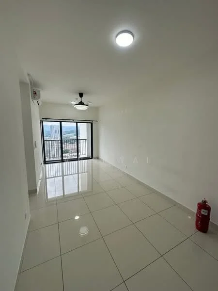 Living features: white painted walls, glossy ceramic tile flooring, 5-blade ceiling fan with light, floor-to-ceiling windows, sliding glass door, city view, LED ceiling light, fire extinguisher; style: modern; view: city.