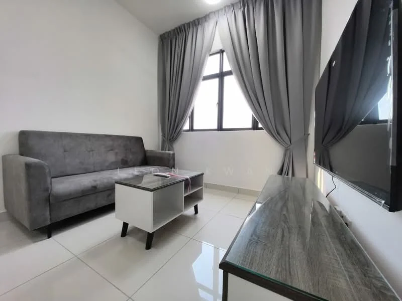 Living features: grey fabric 3-seater sofa, glass coffee table with wooden legs, wall-mounted TV, white painted walls, floor-to-ceiling windows, grey curtains, glossy white tile flooring, recessed ceiling lights; style: modern.