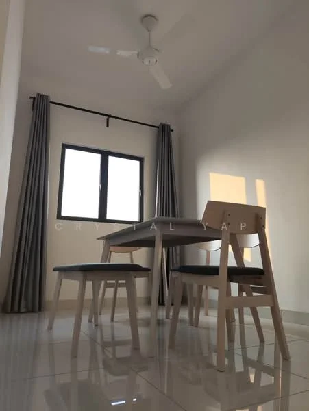 Dining features: 4-seater dining table, light wood table, 4 wooden chairs with black cushions, white walls, grey curtains, floor-to-ceiling window, polished tile flooring, ceiling fan; style: modern.