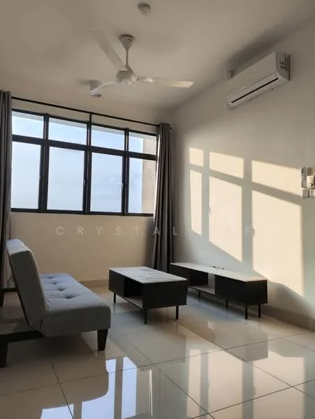 Living features: grey fabric sofa, 2 black coffee tables, wall-mounted air conditioning unit, 5-blade ceiling fan, large windows with black frames, white painted walls, glossy tile flooring, curtains in grey; style: modern.