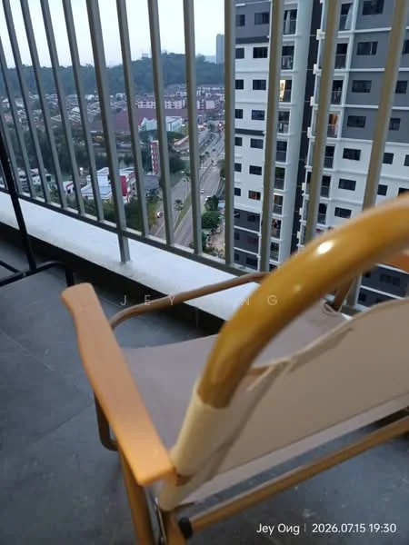 Room features: balcony with railing, city view, grey tiled flooring, wooden chair, outdoor space; view: city.