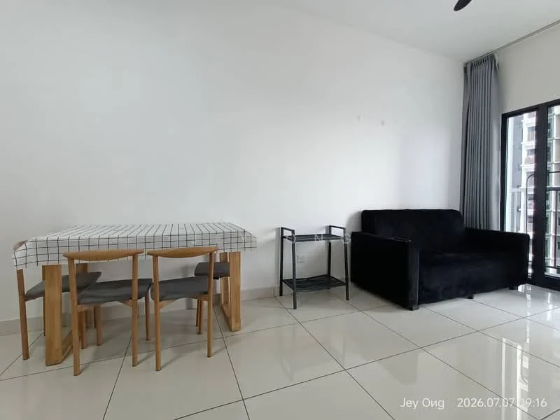 Living features: white painted walls, glossy white tile flooring, 5-blade ceiling fan, black fabric sofa, dining table with checkered tablecloth, 4 grey upholstered dining chairs, black metal side table, floor-to-ceiling windows with sheer curtains; style: modern.