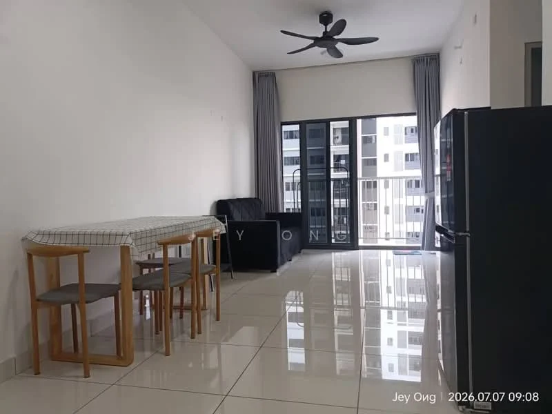 Living features: white painted walls, glossy tile flooring, 5-blade ceiling fan, floor-to-ceiling windows, sliding glass door, black sofa, dining table with checkered tablecloth, 4 wooden dining chairs, stainless-steel fridge; style: modern.