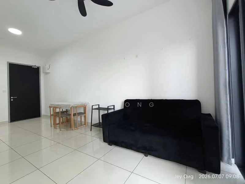 Living features: black fabric sofa, square coffee table, small side table, white painted walls, glossy tile flooring, ceiling fan, large window with sheer curtains, recessed ceiling lights; style: modern.