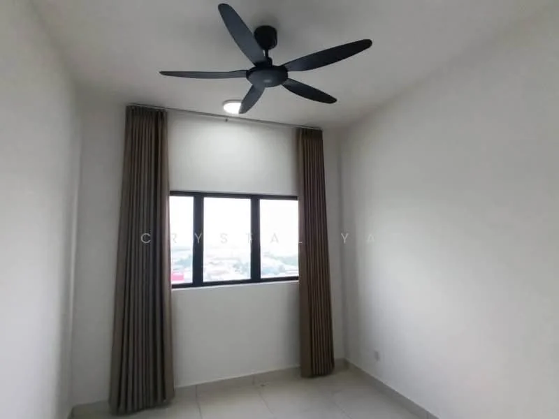 Room features: white painted walls, tile flooring, 5-blade ceiling fan, floor-to-ceiling window, sheer curtains, city view; style: modern; view: city.