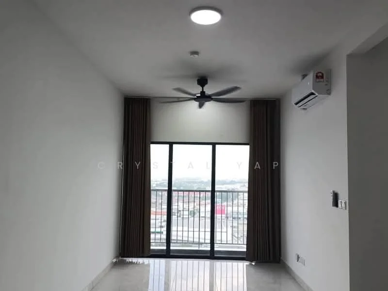 Living features: white painted walls, polished tile flooring, 5-blade ceiling fan with light, floor-to-ceiling sliding glass door, sheer curtains, wall-mounted split AC, balcony view, recessed ceiling light; style: modern; view: city.