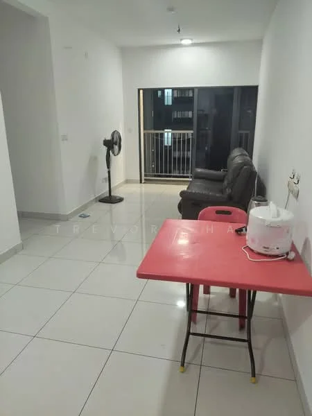 Living features: white painted walls, glossy ceramic tile flooring, ceiling light fixture, floor-to-ceiling windows, sliding glass door, black leather sofa, red folding table, standing fan, balcony view; style: modern.