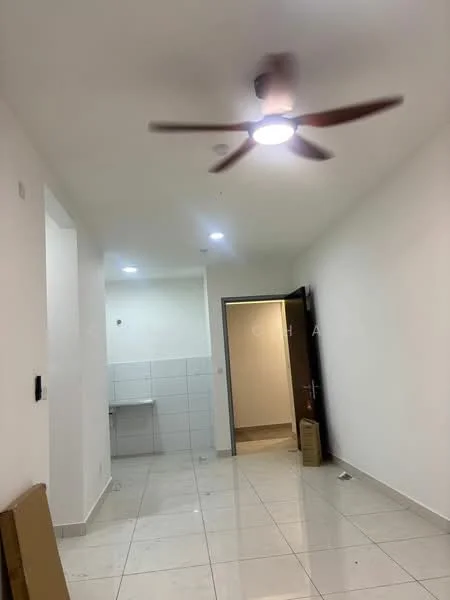 Room features: white painted walls, tile flooring, 5-blade ceiling fan with light, recessed ceiling lights, doorway leading to another room, kitchenette area with wall tiles, empty space on the floor, no visible furniture; style: modern.