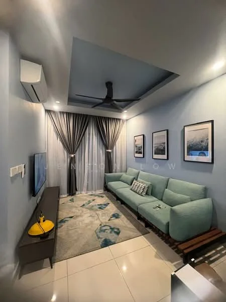 Living features: light blue painted walls, tray ceiling, 5-blade ceiling fan with light, floor-to-ceiling windows, sheer curtains, 3-seater fabric sofa in light blue, coffee table, TV console, wall-mounted TV, area rug with geometric pattern, decorative wall art, polished tile flooring, air conditioning unit; style: modern.