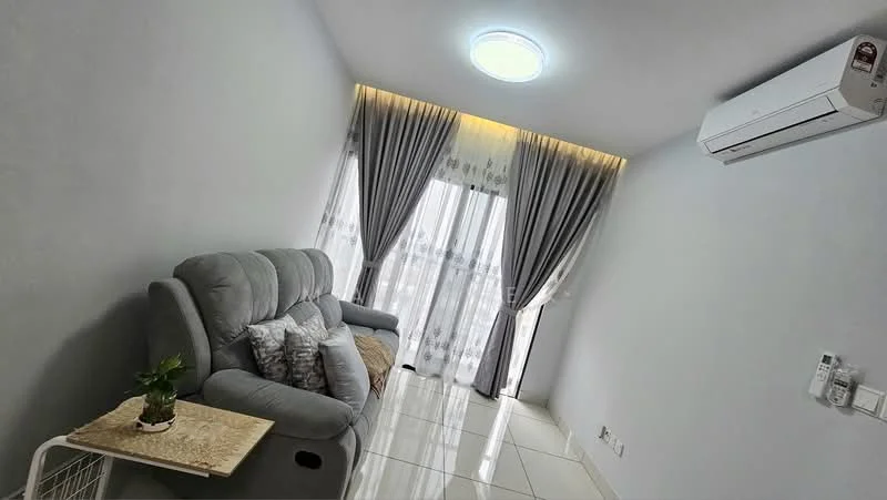 Living features: grey fabric sofa, decorative cushions, white walls, glossy tile flooring, floor-to-ceiling windows, sheer curtains, recessed ceiling lights, wall-mounted split AC; style: modern.