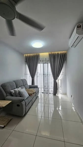 Living features: 3-seater fabric sofa in grey, coffee table, floor-to-ceiling windows, sheer curtains, blackout curtains, wall-mounted split AC, recessed ceiling light, glossy ceramic tile flooring, light grey painted walls, ceiling fan; style: modern.