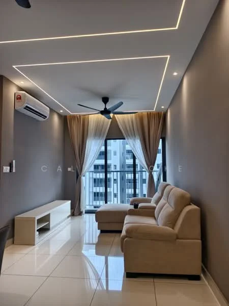 Living features: cream fabric 2-seater sofa, wall-mounted TV console, floor-to-ceiling windows, sheer curtains, 5-blade ceiling fan with light, recessed LED downlights, white glossy tile flooring, grey painted walls, air conditioning unit; style: modern; view: city.