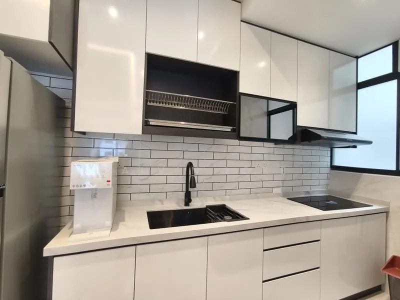 Kitchen features: white glossy cabinetry, black countertop, white subway tile backsplash, single-bowl stainless-steel sink, black gooseneck faucet, built-in induction cooktop, built-in oven, refrigerator, kitchen hood, open shelving, under-cabinet lighting, modern design; style: modern.
