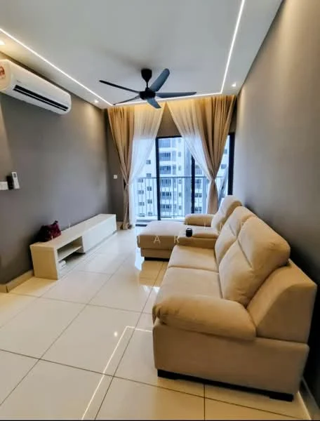 Living features: beige fabric 3-seater sofa, white TV console, floor-to-ceiling windows, sheer curtains, grey painted walls, white tiled flooring, 5-blade ceiling fan with light, wall-mounted split AC, recessed LED downlights; style: modern; view: city.