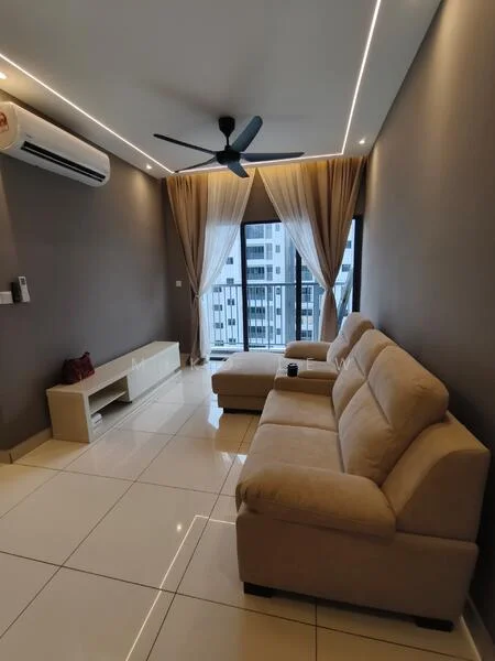 Living features: beige fabric L-shape sectional sofa, white wall-mounted TV console, white glossy tile flooring, grey painted walls, 5-blade ceiling fan with light, floor-to-ceiling windows, sheer curtains, blackout curtains, air conditioning unit, decorative wall paneling; style: modern; view: city.