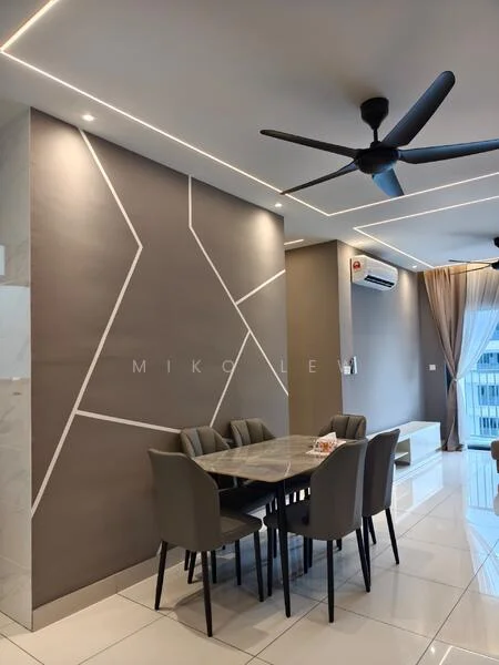 Dining features: rectangular dining table with marble top, upholstered dining chairs in grey, grey accent wall with geometric pattern, white tiled flooring, 5-blade ceiling fan with light, wall-mounted split AC, sheer curtains, recessed LED downlights; style: modern.