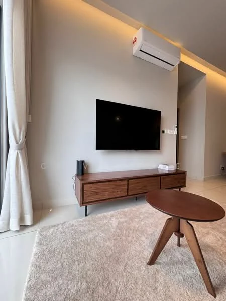 Living features: wall-mounted TV, wooden TV console, light-colored walls, recessed lighting, cream curtains, light-colored area rug, air conditioning unit, coffee table with wooden legs, polished tile flooring; style: modern.