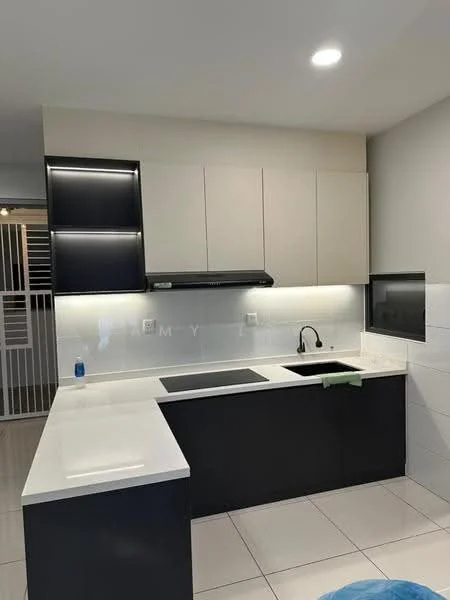 Kitchen features: white quartz countertop, black cabinetry, light grey upper cabinets, single-bowl stainless-steel sink, chrome pull-down faucet, built-in range hood, tile backsplash, recessed LED downlights, ceramic tile flooring, open shelving, modern cabinet handles, kitchen island; style: modern.