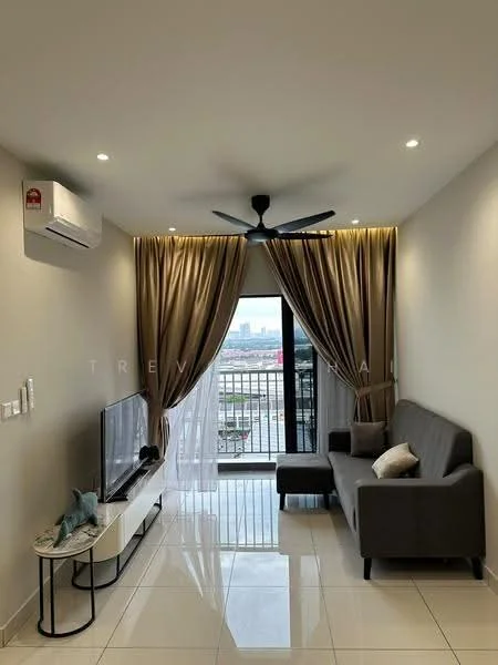 Living features: grey fabric sofa, white coffee table, wall-mounted TV, 5-blade ceiling fan with light, floor-to-ceiling windows, sheer curtains, recessed downlights, glossy tile flooring, decorative wall art; style: modern; view: city.