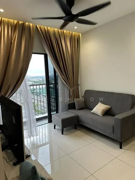 Living features: grey fabric sofa, single armchair, coffee table, wall-mounted TV, floor-to-ceiling windows, sheer curtains, blackout curtains, 5-blade ceiling fan with light, white painted walls, glossy white tile flooring, decorative cushion; style: modern; view: city.