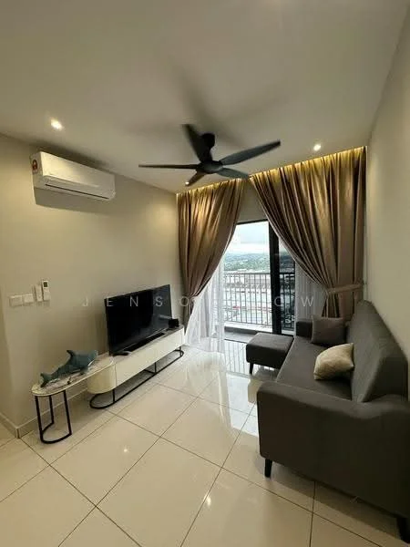 Living features: grey fabric sofa, white coffee table, wall-mounted TV, floor-to-ceiling windows, sheer curtains, 5-blade ceiling fan with light, white tiled flooring, recessed lighting, decorative wall, air conditioning unit; style: modern; view: city.