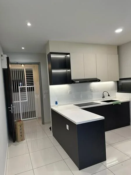 Kitchen features: white cabinetry, black lower cabinets, white quartz countertop, single-bowl stainless-steel sink, chrome pull-down faucet, built-in range hood, recessed LED downlights, ceramic tile flooring, wall-mounted kitchen cabinets, open layout, back wall with under-cabinet lighting; style: modern. Room features: door leading to hallway, security grille.