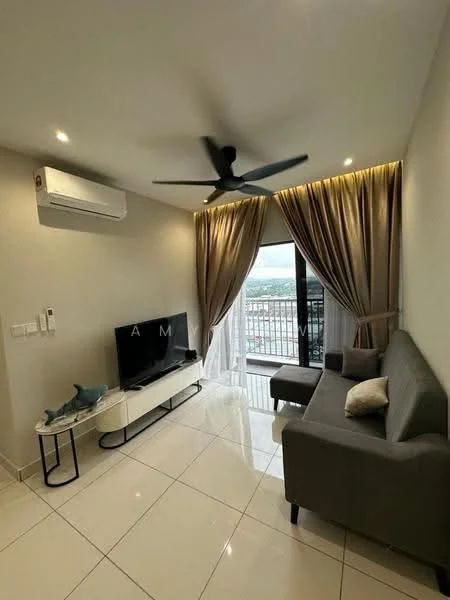 Living features: grey fabric sofa, white coffee table, wall-mounted TV, floor-to-ceiling windows, sheer curtains, black ceiling fan, recessed downlights, white tiled flooring, air conditioning unit, decorative throw pillow; style: modern; view: city.
