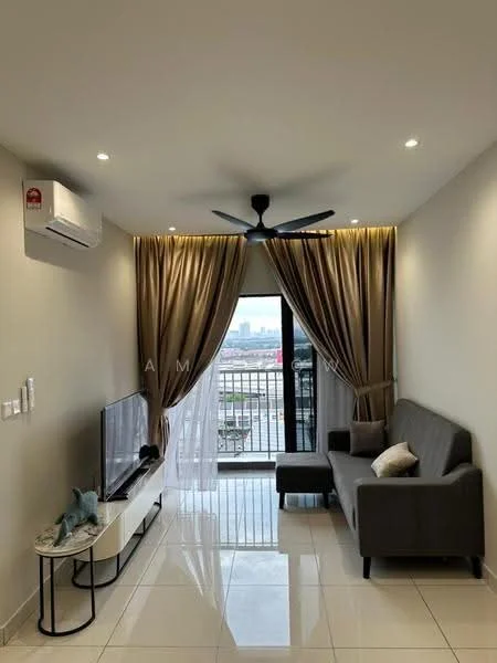 Living features: grey fabric sofa, coffee table, wall-mounted TV, 5-blade ceiling fan with light, floor-to-ceiling sliding glass door, sheer curtains, recessed downlights, white painted walls, glossy tile flooring, decorative throw pillow, decorative items on coffee table; style: modern; view: city.