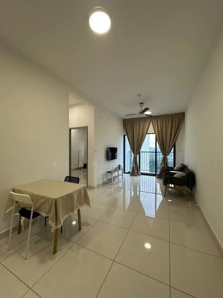 Living features: white painted walls, glossy ceramic tile flooring, recessed downlights, 5-blade ceiling fan, floor-to-ceiling windows, sheer curtains, TV console, sofa, dining table with tablecloth, chairs; style: modern; view: city.