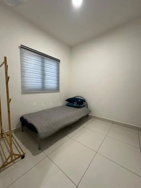 Bedroom features: single bed, grey bedding, white painted walls, tile flooring, window with blinds, metal bed frame, wooden clothing rack, minimalist decor; style: modern.