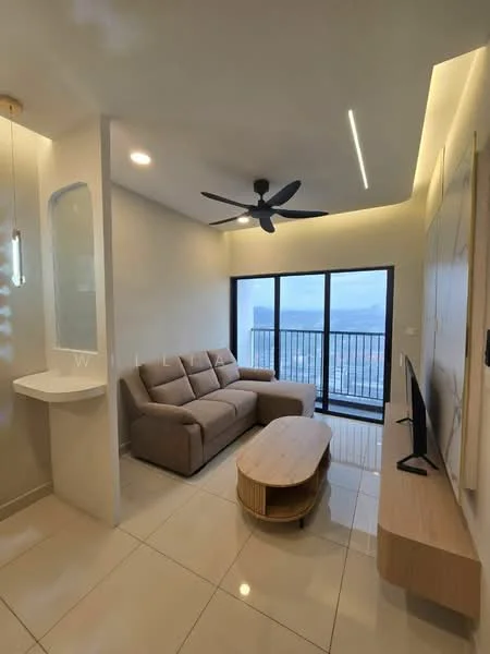Living features: 3-seater fabric sofa in beige, coffee table with rounded edges, wall-mounted TV, floor-to-ceiling windows, city view, recessed LED downlights, ceiling fan, light-colored wall, glossy tile flooring, built-in wall panel; style: modern; view: city.