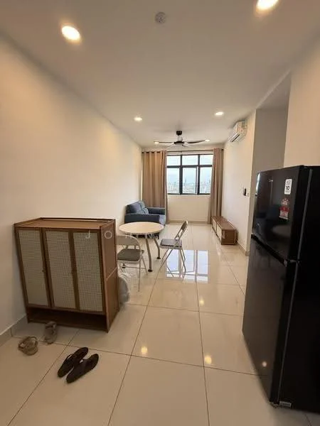 Living features: white painted walls, glossy ceramic tile flooring, recessed downlights, 5-blade ceiling fan, floor-to-ceiling windows, curtains, black refrigerator, round dining table, 2 folding chairs, sofa in blue fabric, wooden side table, slippers on floor; style: modern; view: city.