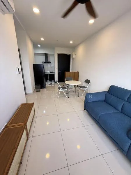 Living features: blue fabric sofa, round dining table, two folding chairs, wooden sideboard, white tiled flooring, recessed LED downlights, wall-mounted split AC, ceiling fan, black door, kitchen area visible in background; style: modern.