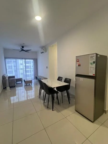 Living features: white painted walls, glossy ceramic tile flooring, 5-blade ceiling fan with light, floor-to-ceiling windows with sheer curtains, grey fabric sofa, glass coffee table, 6-seater dining table with black chairs, stainless-steel fridge; style: modern.