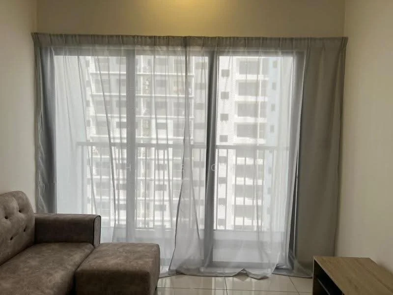 Room features: floor-to-ceiling windows, sheer curtains, grey fabric sofa, tile flooring, balcony door, neutral wall color, natural light, minimalist decor; style: modern; view: city.